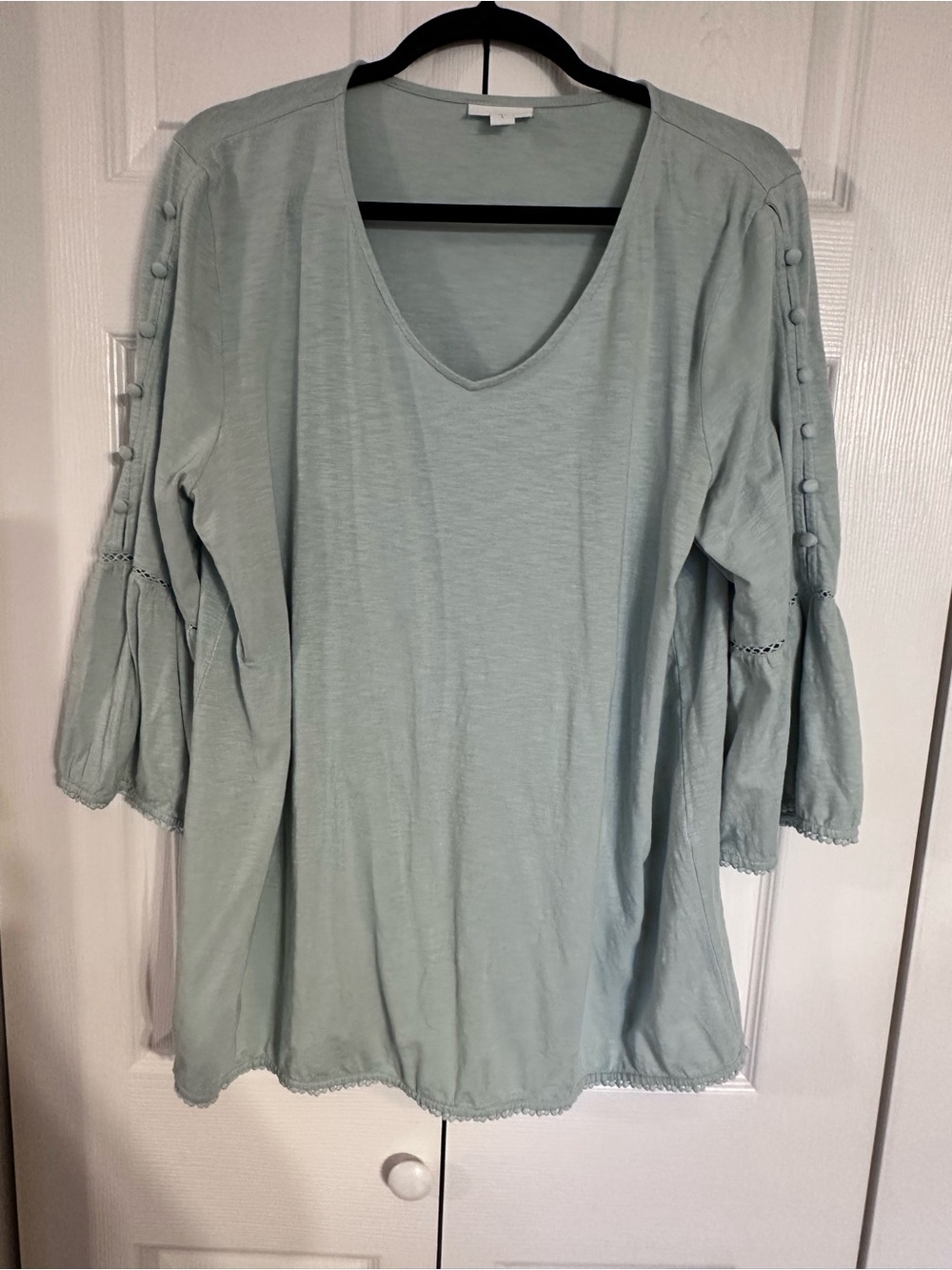 J. Jill Pale Turquoise V-Neck Tunic with Button-Trim Bell Sleeves